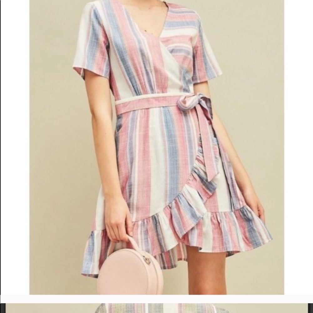 Entro denim boho striped wrap ruffle dress medium